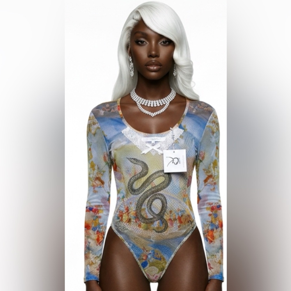 PLAYBOY Blue Multi Long-Sleeve Snake Print Bodysuit sexy new - Picture 3 of 7